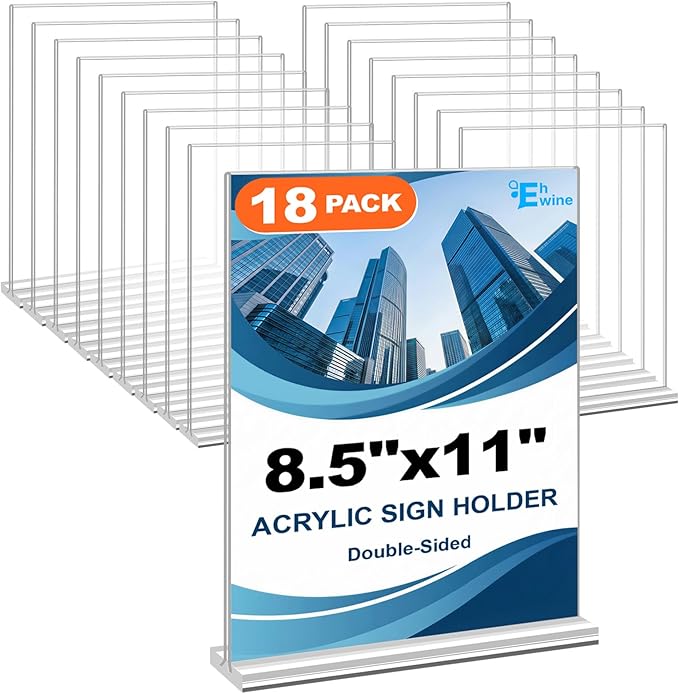 EHWINE Acrylic Sign Holder 8.5 x 11, 18 Pack Double-Sided Stand up Table Top Sign Holders, Clear Acrylic Picture Frame Menu Flyer Paper Holder Display Stand for Office Business Store Wedding Party