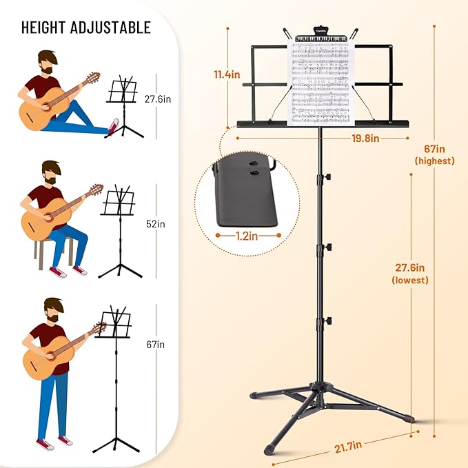CAHAYA Portable Sheet Music Stand: Dual Use Desktop Book Holder Folding Lightweight Extra Stable Reinforced with Carrying Bag and Clip for Students Musicians Height Adjustable up to 67" CCMS0305