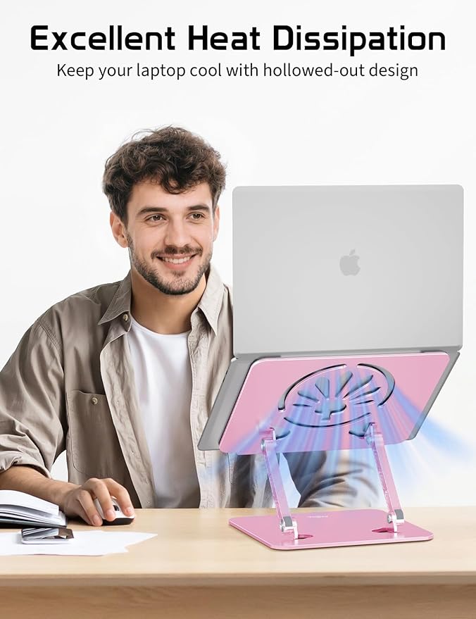 Aluminum Laptop Stand Adjustable Height & Angle | Ergonomic Riser for MacBook, Notebook & Tablet | Foldable, Portable, Ventilated Design for Office, Home, Travel – Fits 10"-15.6" Devices,Pink