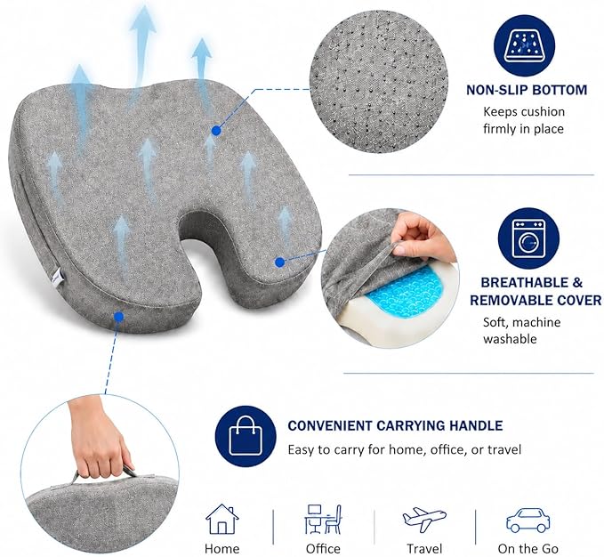 Seat Cushion for Long Sitting, Cooling Gel Memory Foam Seat Cushion - Back, Sciatica, Coccyx, Tailbone Pain Relief - for Office Chairs, Car Seat, Wheelchair Sitting Cushion (Grey)