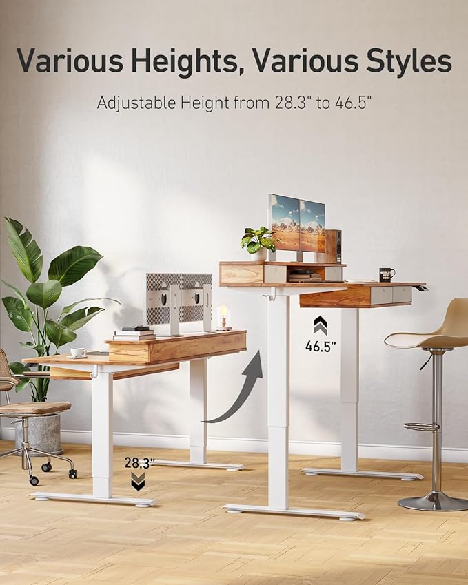 FEZIBO 48 x 24 inch Standing Desk with Drawers, Height Adjustable Electric Workstation, Computer Sit Stand Up Table with Large Storage Shelf 4 Drawers and 2 Hooks, Light Rustic Brown