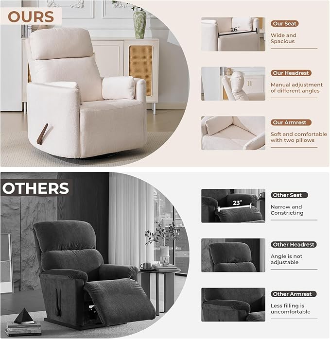Oversized Swivel Recliner Chair with Massage and Heat, Rocking Chair Nursery with Adjustable Headrest, Rocking Chair Nursery Glider Chairs with 2 Pillows, Glider Rocker Recliner, White