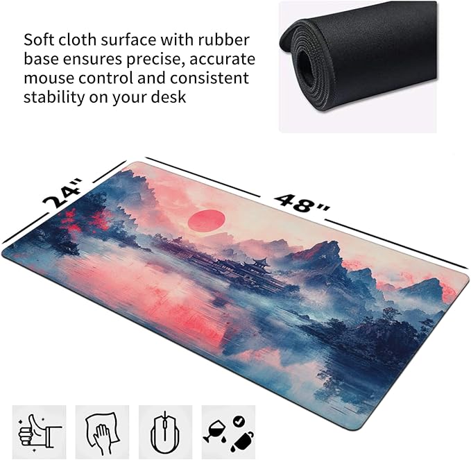Landscape Ink Painting Gaming Mouse Pad, Extra Large Gaming Mouse Pads, Waterproof, Non Slip, Big Computer Mousepad Mice Pads Desk Pad Stitched Edges for Women Office Home (48"x24", Pink)