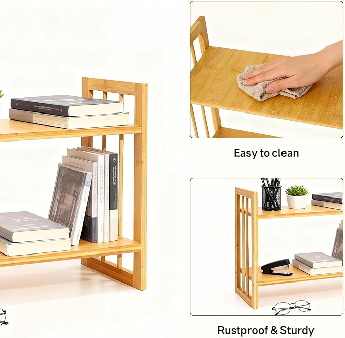 Desktop Shelf Organizer, 2 Tier Bamboo Desk Bookshelf, Desk Top Storage Rack for Office, Dorm, or Bedroom Decor, Small Tabletop Shelf for Books, Plants & Accessories