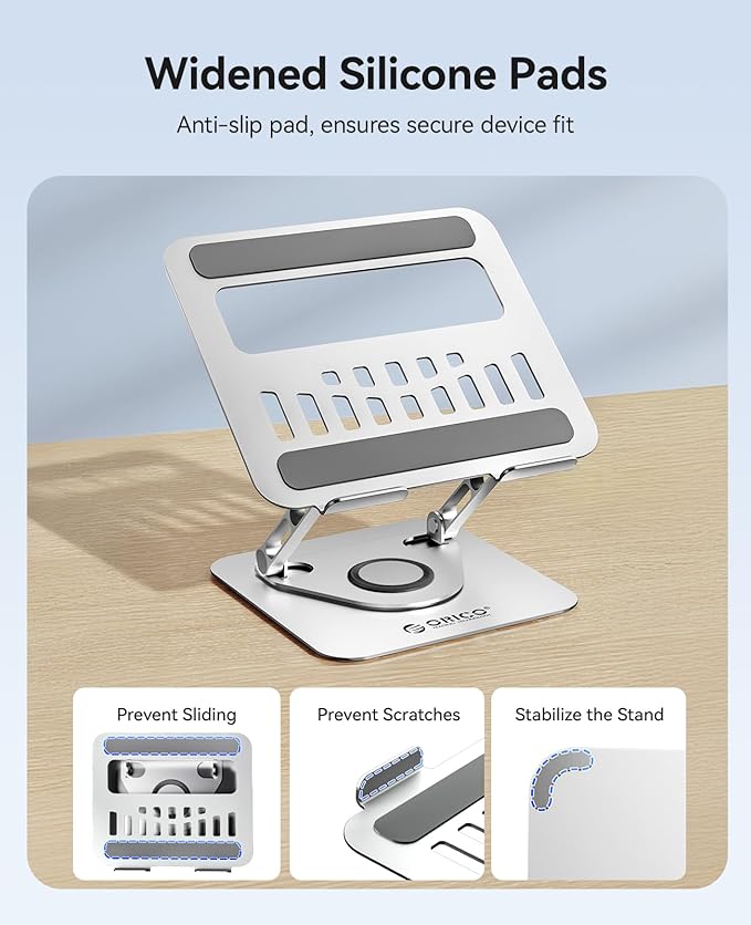 ORICO Adjustable Laptop Stand for Desk, 360° Rotating Base, Foldable Aluminum Alloy Computer Stand with Ventilated Design, Compatible with MacBook Neo/Air/Pro, Dell, XPS, HP up to 17'' - ST12, Silver