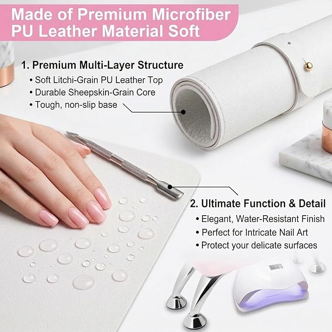Nail Art Table Mat, (Mat Only) Foldable Hand Rest Manicure Pad, Soft Microfiber PU Leather Arm Rest Pad for Acrylic Nails, Nail Polish Mat for Nail Tech Salon Home (White)
