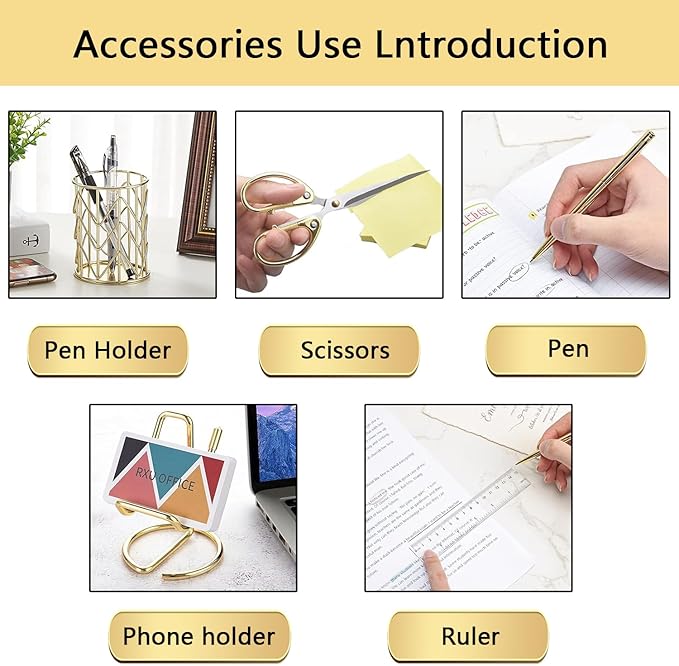 suniya Office Supplies,Gold Desk Accessories,with Stapler,Tape Dispenser,Pen Holder,Scissors,Phone Stand,Staple Remover,Ballpoint Pen,Clear Tape, Staples,Ruler,Clips,Best Gift for Business or Boss