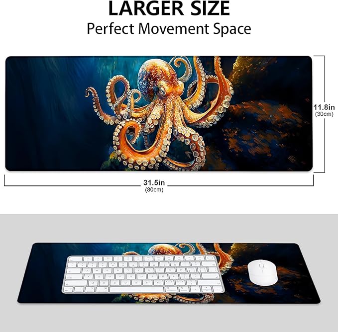 Octopus-Themed Large Mouse Pad, Gaming Mouse Pad, Non-Slip Rubber Base, Office Accessories, Desk Mat, Ocean MousePads for School, Work, Home Decor Gifts 31.5" x 11.8"