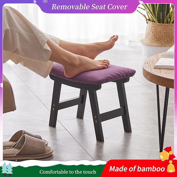 Kitsanery Foot Stool,Ottoman,Bamboo Small Sofa Foot Rest Under Desk,Extra Seating for Living Room, Bedroom and Kitchen (Black Stool Legs - Purple Surface)