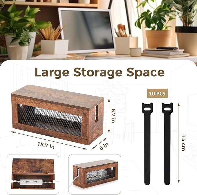 Chunful Extra Large Cable Management Box, 16'' Wood Cord Hider Organizer with Ventilation Nets & Organizer for Power Strip, TV Wires & Desk Cable Storage, Magnetic Lid Hide Floor Cables