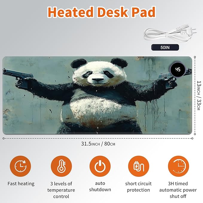 Heated Mouse Pad,Warm Desk Pad with 3 Levels Heating & 3 Hours Auto Shut-Off, PU Leather Heated Desk Pad Warmer Pad for Home Office - 31.5 x 13 inch,Panda
