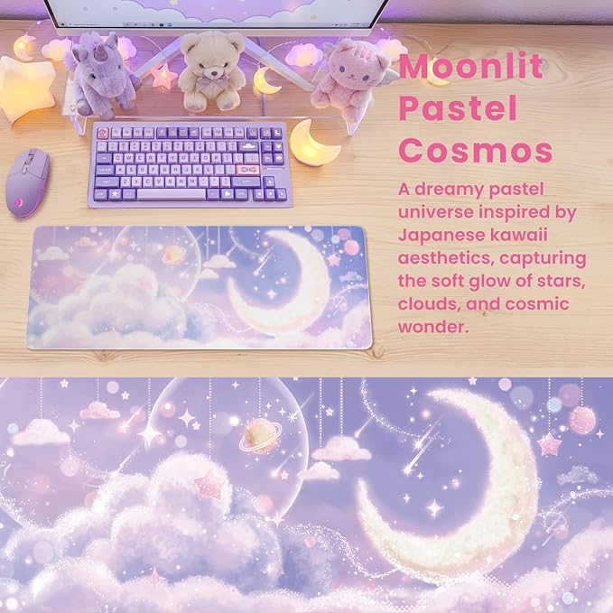 BELLEMOND Japanese Art Desk Mat | Large 31.5x11.8in Anime Mouse Pad for Keyboard & Mouse | Non-Slip Base, Water-Repellent | Original Japanese Design | Moonlit Pastel Cosmos