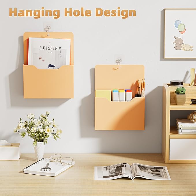 2 Pack Magnetic File Holder - Paper Holder, Pocket Organizer,Hanging Wall File Organizer Office Supplies Storage, Magazine Mail Organizer Case for Notebooks,Planners,Letter (Orange)