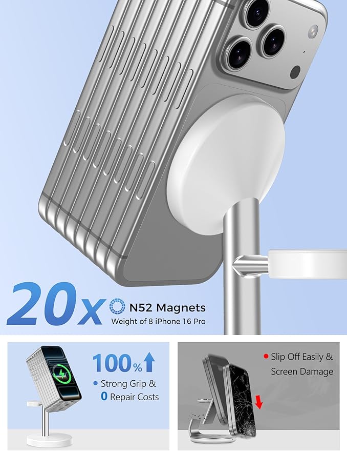 Aeinidi 2026 3 in 1 Wireless Charging Station Compatible with MagSafe Charger Stand, 15W Fast Magnetic Mag-Safe Charger for iPhone 17 16 15 14 13 12 Series Apple iWatch AirPods Pro 4 3 2