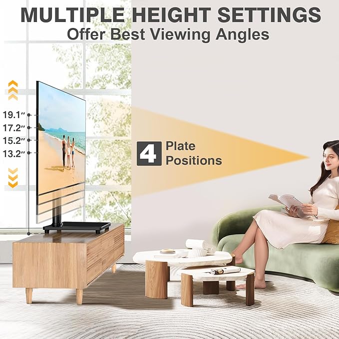 TVON Universal TV Stand Base, Swivel Table Top TV Stand for 20-43 inch TVs/Monitors with 4 Level Height Adjustment and Tempered Glass Base, Holds up to 88 Lbs, VESA 200x200mm