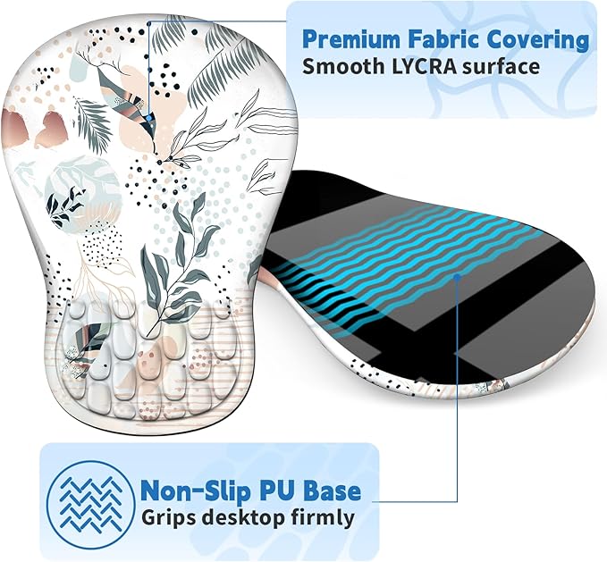 YIWEI Ergonomic Mouse Pad with Wrist Rest - Comfortable Office Mousepad with Memory Foam Wrist Support for Carpal Tunnel Relief, Mouse Pads with Non-Slip Base for Gaming and Home (Boho Leaves)