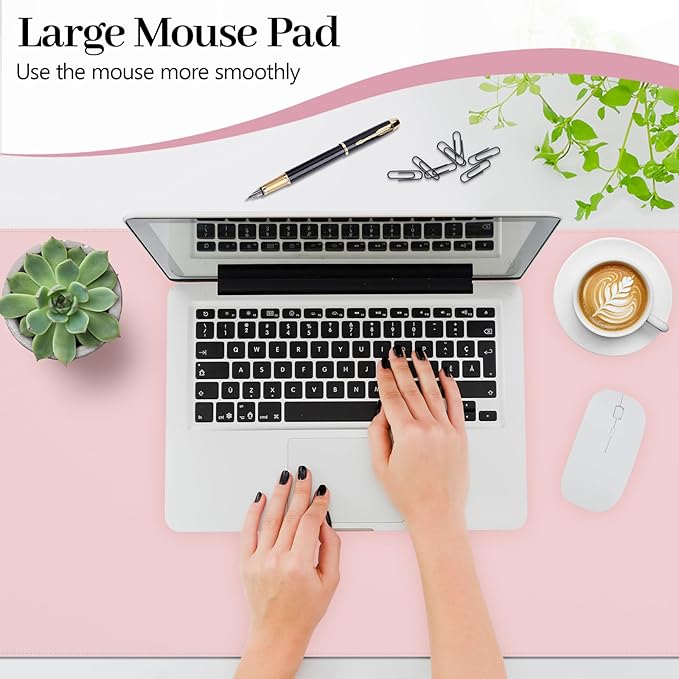 Pink Leather Desk Mat Large Mouse Pad, Waterproof Desk Pad for Keyboard and Mouse, Non-Slip Computer Desk Protector, Smooth Mouse Movement Desk Mat for Home and Office(31.5"×15.7")