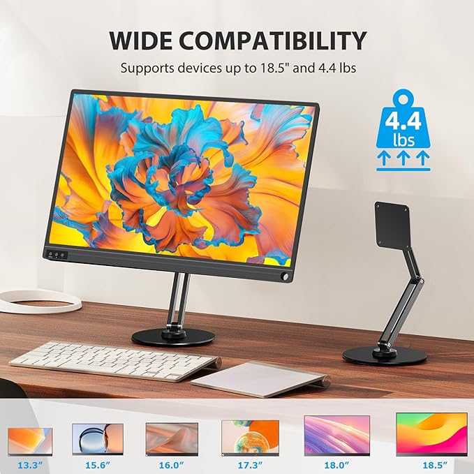 UPERFECT Portable Magnetic VESA Stand, All-Aluminum Adjustable Arm for 10–18.5″ Devices, 75×75mm VESA, Adhesive Metal Plates, 360° Swivel Base, Supports up to 4.4 lbs, Travel Desk Stand