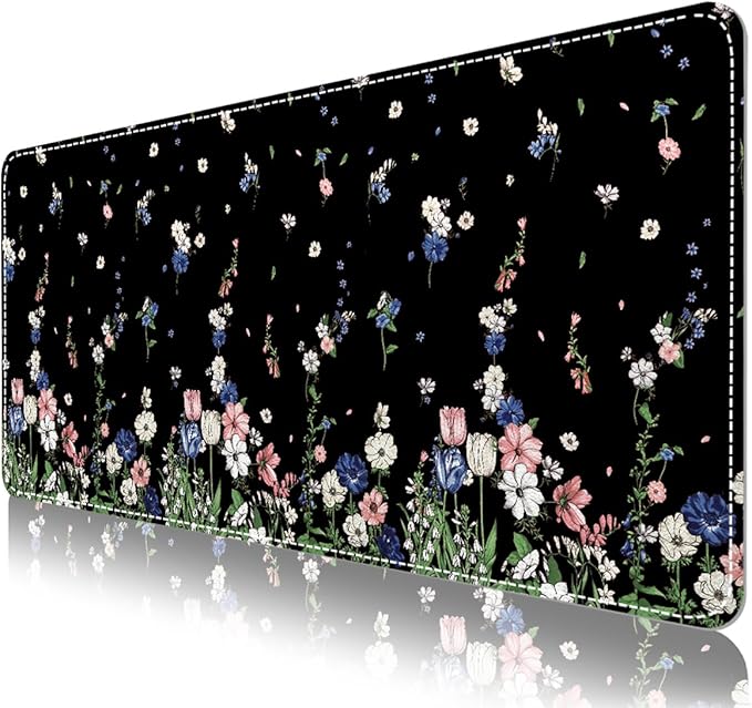 DINKY Leather Desk Protector Mouse Pad, Large Keyboard Mat, Non-Slip PVC Leather Blotter, Black Laptop Pad, Waterproof Writing Pad for Office Home 35.4" x 15.7", Flower Rain