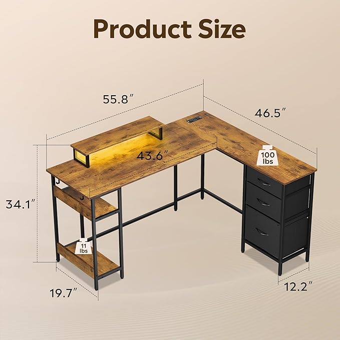 DEVAISE 55 Inch L Shaped Gaming Desk with Drawers and Storage, Corner Desk with LED Lights, Power Outlets, Computer Desk with Monitor Stand, Office Desk for Home, Rustic Brown