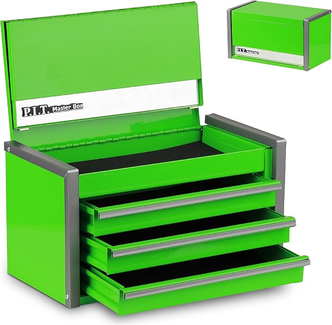 P.I.T. Mini Tool Box 8.6"W X 4.6"D, Portable 3 Drawer Steel Stackable Green Tool Box with Magnetic Tab Locking, Green Micro Top Chest with Liner for Tools Storage and Organizers, Home DIY