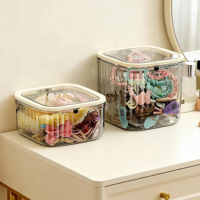 THMINS 2 Pack Hair Accessories Organizer for Girls,Plastic Storage Box with Lid for Kids Hair Clips, Ties,Bows&Jewelry,Stackable Dust-Proof Flip Top Container,Desktop Organizer(Grey)