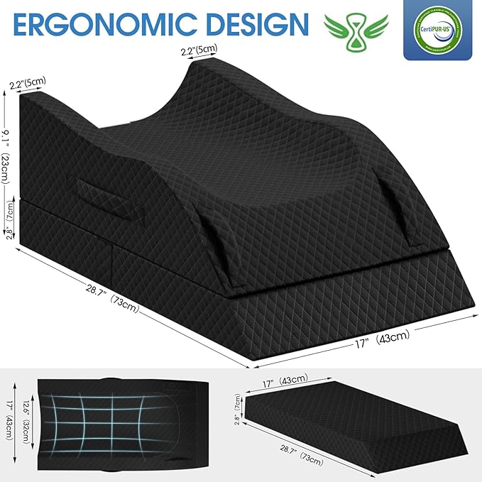 TranquilRelax Elevation Pillows for Leg After Surgery, Memory Foam Adjustable Wedge Pillow for Injury or Rest, Ankle Pillow for Sleeping Blood Circulation, Full Black/Double Leg