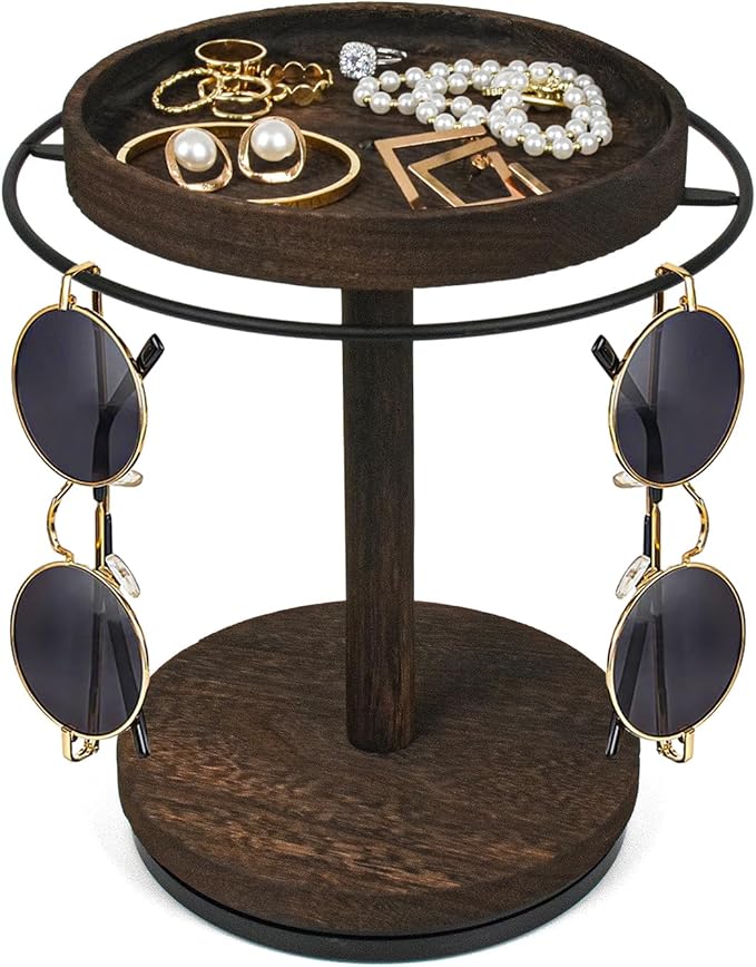 Sunglasses Organizer 360° Rotating Eyeglass Holder Stand with Wood Tray and Base, Eye Glass Display Rack for Multiple Sunglass Storage for Table Dresser Nightstand Desk