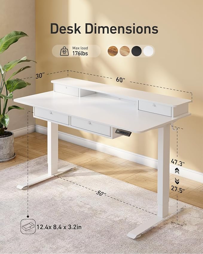 FEZIBO 60 x 30 inch Standing Desk with Drawers, Height Adjustable Electric Workstation, Computer Sit Stand Up Table with Large Storage Shelf 4 Drawers and 2 Hooks, White