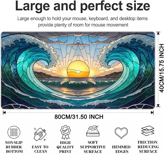 YKJWW Beach Sunset Desk Pad Cute Large Mouse Keyboard Desk Mat, Aesthetic Cute Gaming Desk Keyboard Mats for Desk Mat, Faux Stained Glass Sunset Mousepad Southwest Landscape Desk Pad 31.5x15.7 in