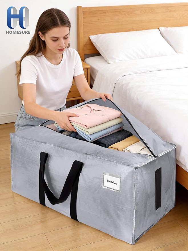 80 Pack Large Strong Moving Bags with Zippers & Carrying Handles - Water-Resistant - Heavy Duty Storage Tote for Space Saving, Fold Flat, Alternative to Moving Box (Silver)