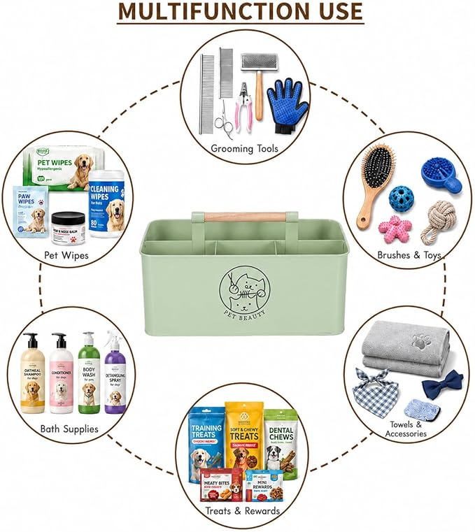 Premium Dog Cat Grooming Supplies Organizer with Wooden Handle,4-Compartment Metal Caddy for Pet Stuff -Powder Coated Dog Storage Bin for Hair remover Brush Nail Clipper Scissors-Green