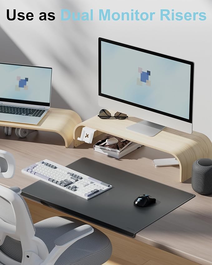 Wood Dual Monitor Stand Riser, 2-Tier Computer Monitor Riser with Phone Holder, Desktop Organizer Shelf for 2 Monitors, Laptop & Printer, No Assembly, Max Load 110lbs, One-Piece Curved Design