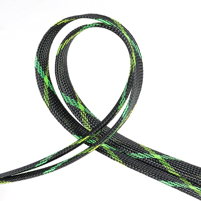 Braided Cable Sleeve, 33ft Expandable Wire Loom for Automotive Wiring Harness & PC Case, Pet-Proof Chew Resistant Cord Protector, Flexible Cable Management (Black-UV Green-UV Yellow, 10mm (3/8"))