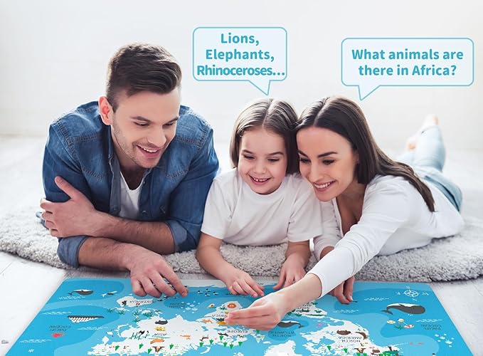Kid's Desk Mat Cute Early Education Leather Desk Mat, Kawaii Blue Toddler World Map Waterproof Desk Writing Pad, Large Keyboard and Mouse Mat for Classroom/Kindergarten(35.4" X 15.7")