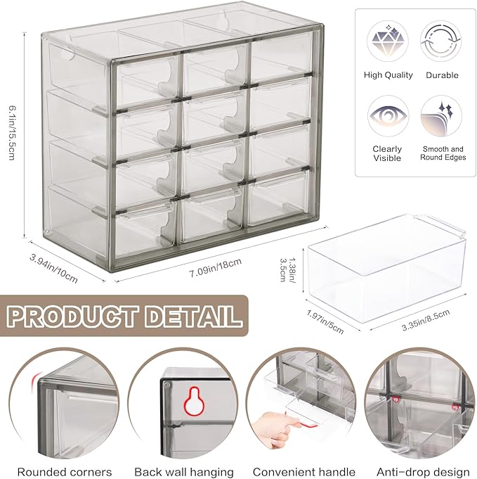 Desk Storage Organizer with 12 Mini Drawers, Clear Desktop Craft Drawer Cabinet, Stackable Storage Box Caddy for Makeup Jewelry Office Craft Supplies (Grey)