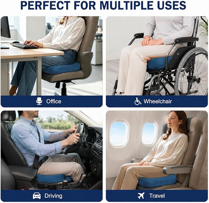 Gel Memory Foam Seat Cushion for Long Sitting with Removable Cover – Cooling Breathable Support for Tailbone, Coccyx, Sciatica, Back Pain Relief - for Office Chairs, Car Seat, Wheelchair (Blue)