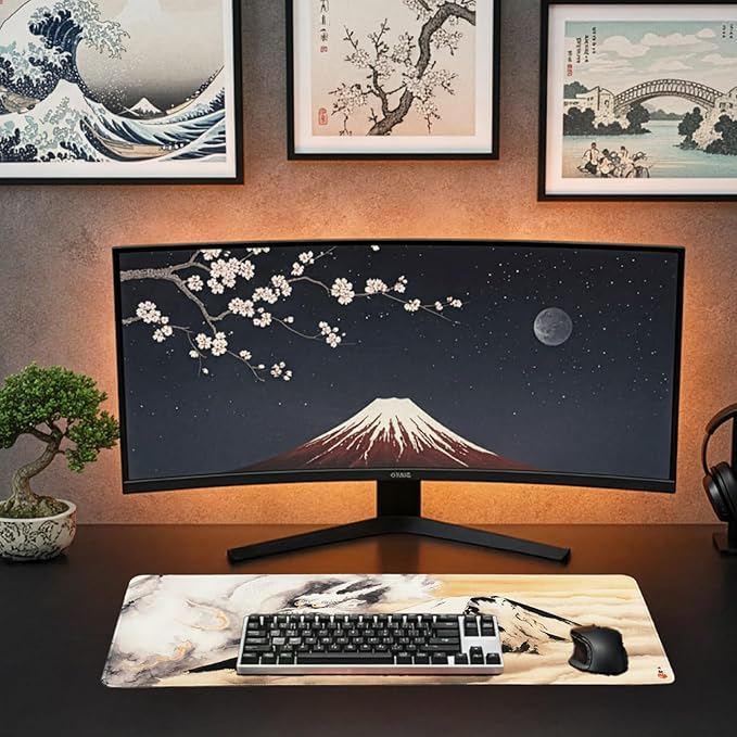 BELLEMOND Japanese Art Desk Mat | Large 31.5x11.8in Anime Mouse Pad for Keyboard & Mouse | Non-Slip Base, Water-Repellent | Original Japanese Design | Guardian of Fuji