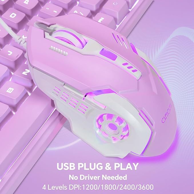 CHONCHOW LED Keyboard and Mouse Combo,Wired 87 Key Mechanical Feel Anti-ghosting Backlight Keyboard with Multimedia Keys for Windows, Mac Desktop/Laptop/PC (Purple)