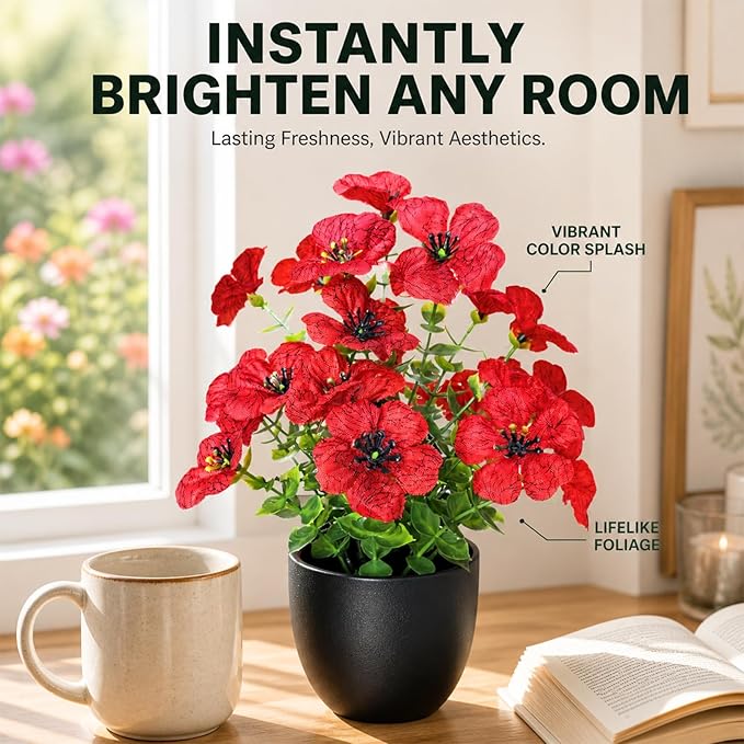 Small Artificial Flowers in Pots, Fake Plants Indoor Small, Spring Decorations for Home Office Desk Accessories, Mini Potted Flowers for Bathroom Shelf