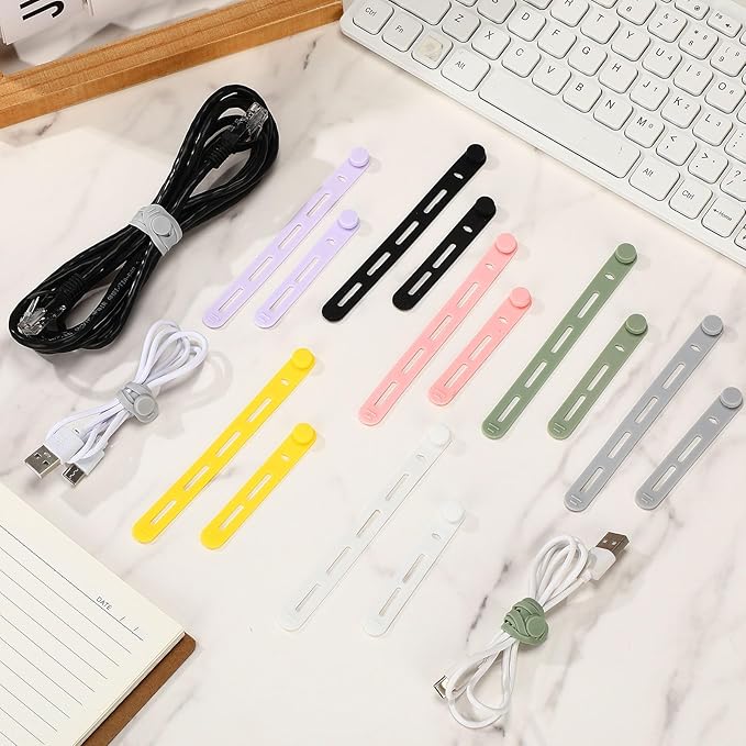 Tellegloww 42 Pcs Silicone Cable Ties Reusable Cord Organizer Adjustable Data Cable Wraps for Earphone Phone Charger Computer Cord Management Straps Travel Essentials(Multicolor,3.15 Inch, 5.12 Inch)