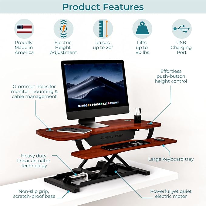 VERSADESK PowerPro 36 Inch Electric Standing Desk Converter – Push-Button Height Adjustable Sit to Stand Desk Riser for Dual Monitors & Laptop – Motorized Desktop Workstation with Wide Keyboard Tray