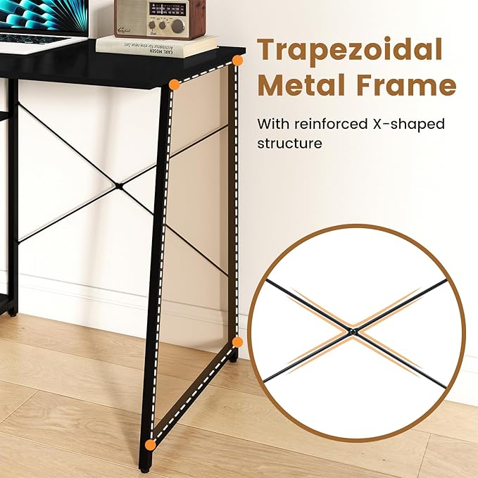 Tangkula Computer Desk with Shelves, Space Saving Home Office Desk with 3-Tier Ladder Shaped Storage Bookshelf, Modern Writing Study Desk with Metal Frame, Compact Computer Workstation (Black)