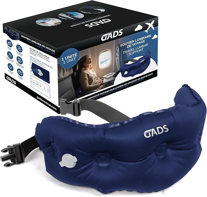 Inflatable Travel Pillow for Airplanes - Lumbar Pillow for Airplane, Car, Office - Compact Back Support - Portable, Adjustable Strap - Small Lumbar Pillow for Travel, Easy Storage