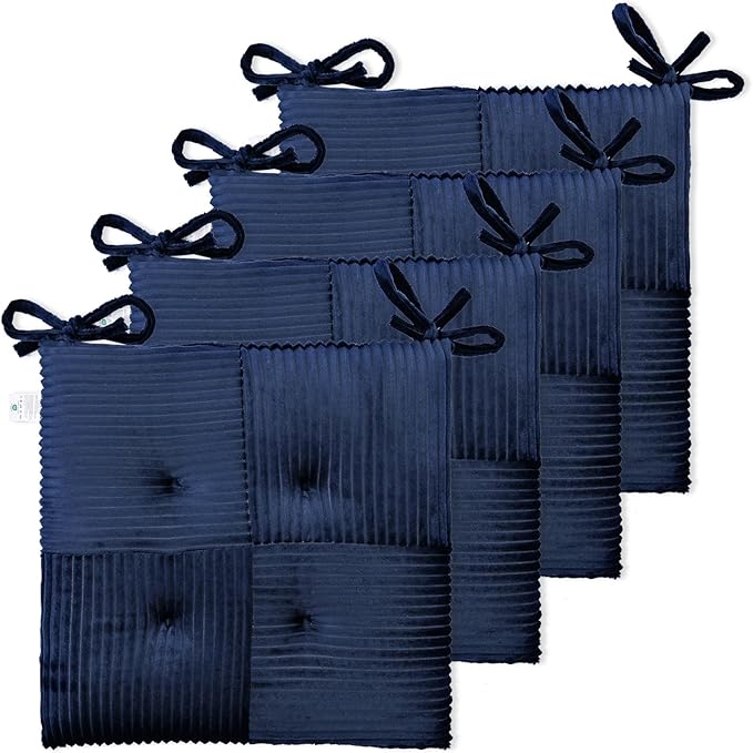 Office Stacking Chair Cushions 4 Pack, Corduroy High Density Foam Kitchen Seat Cushions with Ties, Square 17" x 17" Indoor Non-Slip Dining Chair Pads, Navy Blue，4pcs