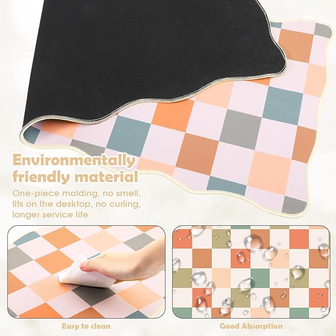 Copkim 1 Pcs Boho Scalloped Checkered Desk Mat 31.5 x 11.8 Inch Large Cute Mouse Pad Computer Mat Non Slip Waterproof Rubber Base with Border Stitching Soft Keyboard Pad for Home Office Gaming Makeup