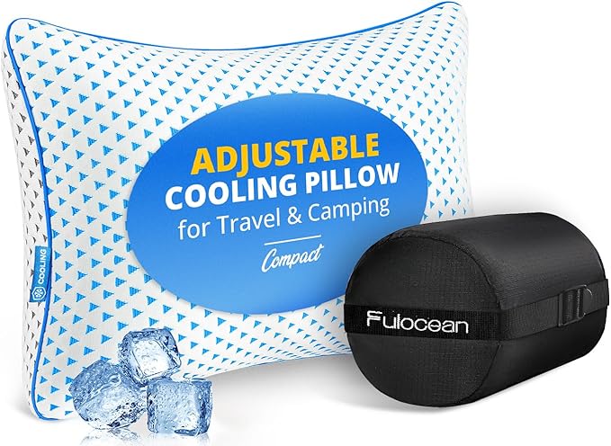 Small Cooling Memory Foam Travel Pillows for Airplanes Sleeping, Compressible Camping Pillow, Mini Adjustable Shredded Foam Bed Pillow for Medium Firm Neck Knee Lumbar Support, Ideal Car, Backpacking