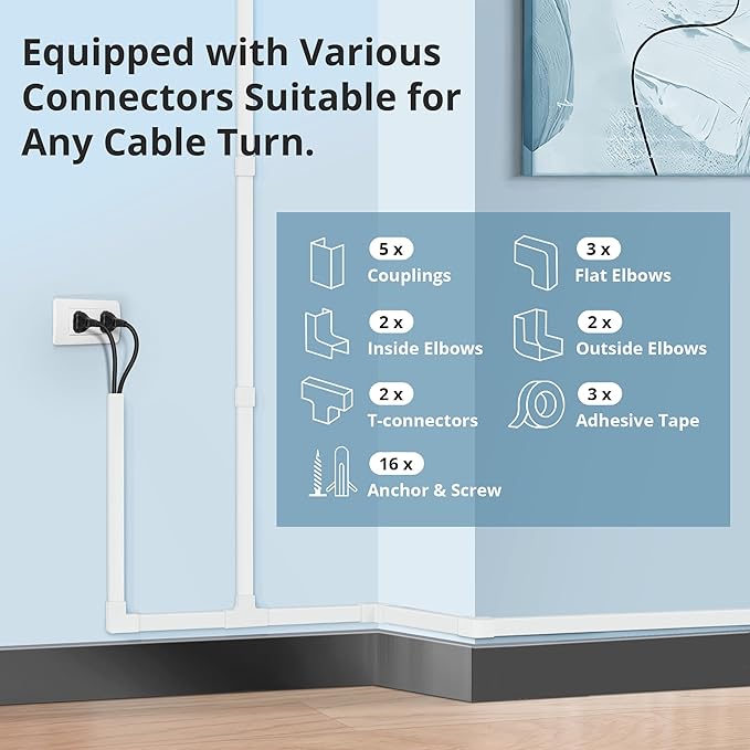 Cord Covers for Wires on Wall Extra-Long, 24ft TV Cord Hider Kit, Paintable Cable Management Concealer, TV Wire Hider for Wall, White Cable Raceway Channel, 8 x L36in x W0.95in x H0.55in