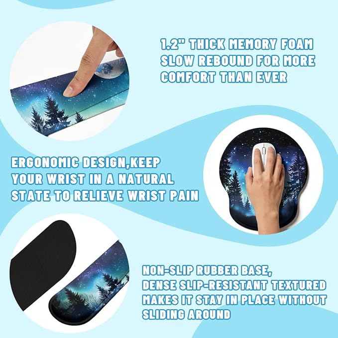Moon Night Desk Mat Set Forest Aurora Sky Large Mouse Pad with Wrist Rest 4in1 Desk Mat for Desktop Ergonomic Computer Desk Arm Wrist Anti-Slip Computer Mouse Pad Home Office Gaming