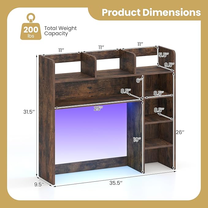 Tangkula Desktop Bookshelf with LED Lights, Desk Hutch with 8 Shelves for Max 25" Monitor, Desktop 5-Tier Display Rack, Multipurpose Wood Desktop Storage Hutch Organizer for Dorm Office Home